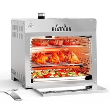 BIG HORN OUTDOORS 1500°F Small Infrared Propane Gas Grill – Portable Steak Broiler & Sear Station, Outdoor Salamander BBQ with Pizza Stone, Stainless Steel