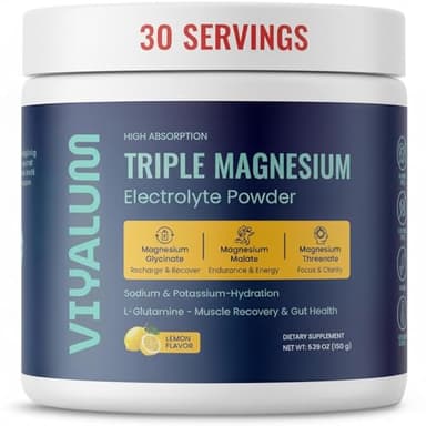 VIYALUM Triple Magnesium Electrolyte Powder | 250 mg High Absorption Magnesium Glycinate, Malate & Threonate | Sodium & Potassium Hydration Mix with L-Glutamine | Zero Sugar | 30 Servings (Lemon)