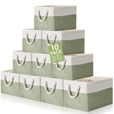 FoldTier 10 Pack Large Collapsible Fabric Storage Baskets with Handles Decorative Storage Bins for Organizing Shelves Toys Clothes(Beige & Green,16 x 12 x 10 Inches)