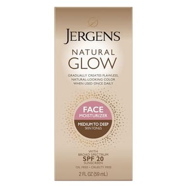 Jergens Natural Glow Self Tanner Face Moisturizer with SPF 20 Facial Sunscreen, Medium to Deep Skin Tone, Sunless Tanning, Oil Free, Broad Spectrum Protection UVA and UVB, 2 oz (Packaging May Vary)