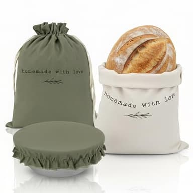 KIBAGA Beautiful Linen Bread Bag Set and Proofing Cover For Homemade Sourdough Bread - Keeps Your Loaf Fresh for Days - Reusable and Easy to Clean Storage Bag, The Perfect Baking Accessories