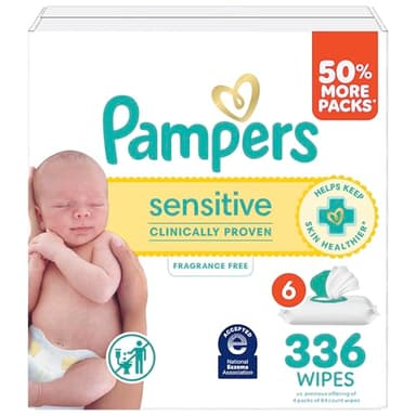 Pampers Sensitive Baby Wipes, Clinically Proven, Fragrance Free, Unscented, Water Based, Hypoallergenic, Multi-Use, Hand Wipes 336 Wipes Total (6X Flip-Top Packs) [Packaging May Vary]