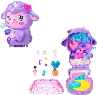 Polly Pocket Dolls & Playset, Cozy Dreamland Lamb Compact, Travel Toy with 1 Micro Doll, Pet Unicorn, Food & Fashion Styling Accessories