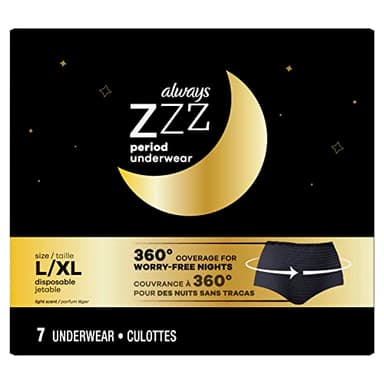 Always ZZZ Overnight Disposable Period Underwear for Women Size LG, 360° Coverage, 7 Count