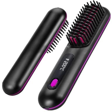 Numoya Go Brush Pro - Cordless Hair Straightener Brush Portable Comb for Travel, USB Charging, Fast Heating, with LCD Display (Black)