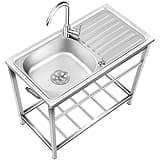 Outdoor Free Standing Sink, Utility Stainless Steel Kitchen Single Bowl Washing Hand Basin Station Sink with Drainboard and Faucet, for Restaurant, Cafe, Bar, Hotel, Garage, Laundry Room, Sink (Color