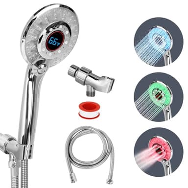 LED Shower head with Temperature Display, High Pressure Shower Head with 59" Stainless Steel Hose, Temperature Display Sensor Light up with 3 Color, Water Saving Showerhead with Shower Adapter