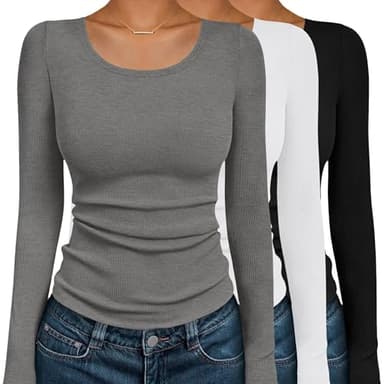 Ekouaer Long Sleeve Scoop Neck Shirt for Women 3 Pack Slim Fitting T-Shirt Casual Basic Tops Soft Underscrubs Black/White/Light Grey S