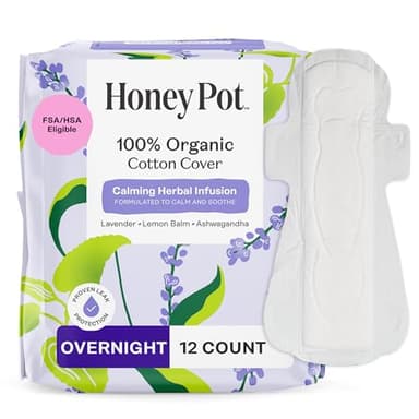 Honey Pot Calming Overnight Sanitary Pads for Women - 100% Organic Cotton Top Sheet - Feminine Care - Non Cooling - Calming Herbs of Lavender, Ashwagandha, & Lemon Balm - 12ct