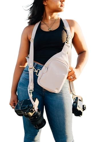 rr ruby+rae The Duo Camera Harness & Crossbody Bag – Double Camera Harness with Removable Crossbody Bag, Vegan Leather, Protective Suede Interior, Gray