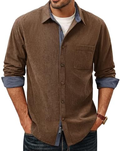 PJ PAUL JONES Men's Corduroy Button Up Shirt, Long Sleeve Wrinkle Free Untucked Shirts for Men with Pocket Regular Fit Brown
