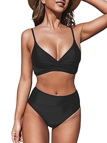 CUPSHE Women's Bikini Sets Two Piece Swimsuit High Waisted V Neck Twist Front Adjustable Spaghetti Straps Bathing Suit, S Black