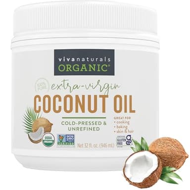 Viva Naturals Organic Coconut Oil, 32 fl oz – Unrefined, Cold-Pressed Extra Virgin Coconut Oil, USDA Organic & Non-GMO, Natural Cooking Oil, Hair Oil & Skin Oil