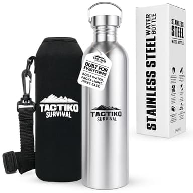 Tactiko Survival 51 oz/1500 ml Stainless Steel Wide Mouth Water Bottle, Single Wall Boil-Safe, Leakproof, BPA-Free with Carry Sleeve and Strap for Camping, Hiking, Outdoor Prep (Black)