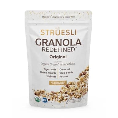 Struesli Original Organic Granola, Grain & Gluten Free, Healthy Snacks with Chia Seeds, Nuts and Sea Salt, Prebiotic High Fiber Food for Yogurt, Cereal & More, Plant Based, Keto & Paleo Friendly, 9 Oz
