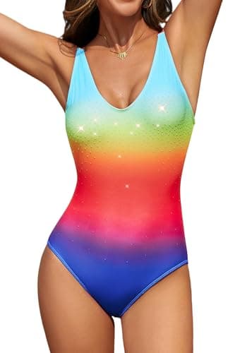 Eagerbuy Women Tummy Control One Piece Swimsuit Color Block Print Bathing Suits Athletic Modest Swimwear