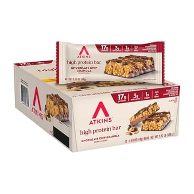Atkins Chocolate Chip Granola Protein Bar, High Fiber, Low Sugar, 17g Protein, 3g Net Carb, High Protein Bars, Keto Friendly, 12 Count