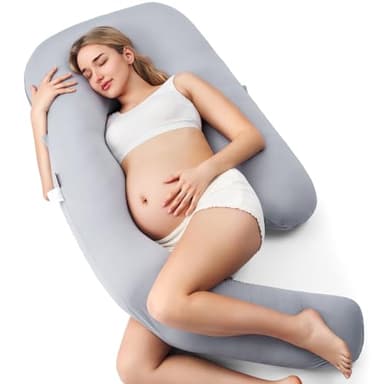 Momcozy Pregnancy Pillow with Cooling Cover, Dreamlign U Pro Maternity Pillow with Adjustable Leg Pillow - Support for Back, HIPS, Belly, Legs for Pregnant Women, 50-72 Inch Full Body Pillow, Grey