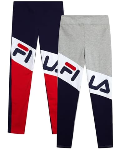 Fila Girls Leggings - 2 Pack Stretch Girls Athletic Leggings for Dance Running Workout Youth Kids Active Yoga Pants, Size 7-8, Heather Grey/Navy