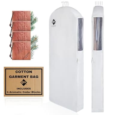 Premium 60” Cotton Garment Bag For Hanging Clothes And Storage | Wide 6” Gusset & 4 Cedar Blocks For Fresh Smell And Clothes Protection | Best For Fur Coats, Long Dresses, Gowns, Tuxedos and more