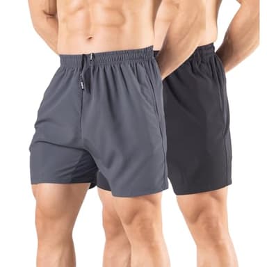 Gaglg Men's 5" Running Shorts 2 Pack Quick Dry Athletic Workout Gym Shorts with Zipper Pockets Black/Dark Grey,Medium