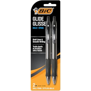 BIC Glide Bold Black Ballpoint Pens, Bold Point (1.6mm), 2-Count Pack, Retractable Ballpoint Pens With Comfortable Full Grip