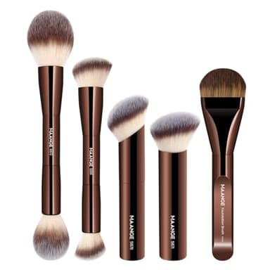 MAANGE 5 PCS Foundation Makeup Brush Set Double-ended Kabuki Mask Contour Brush for Liquid Powder Concealer Cream Cosmetics Blending Makeup Brushes (Coffee)