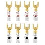 Nakamichi Excel Series 24k Gold Plated Spade Y Banana Plug 12-18 AWG Gauge Size 4mm Speakers Amplifier Hi-Fi AV Stereo Home Theatre Audio Wire Cable Screw Connector, 8 Pcs (4-Pairs)