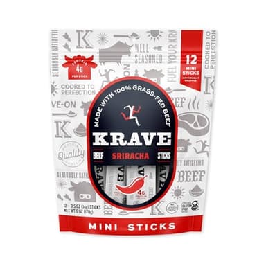 Krave, Beef Sticks, 100% Grass Fed Beef, 100 Calories Per Stick, Good Source of Protein (0.5 Ounce (12 Pack), Sriracha)
