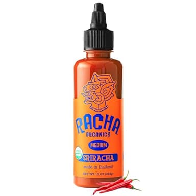 Racha Organics Medium Heat Sriracha Hot Sauce - USDA Organic Sriracha Sauce Made with Estate-Grown Thai Chili Peppers - Low-Sugar, Non-GMO, Gluten Free, Keto Friendly - 10oz - Made in Thailand