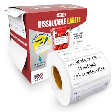 MESS Dissolvable Food Labels, 1x2, 200/Roll - Dissolves in 30 Seconds or Less - Removable Pantry, Meal Prep & Food Storage Labels – Canning & Freezer Use