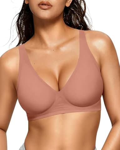OEAK Womens Deep V Bras Wireless Comfortable Bra Supportive No Underwire Bras Tshirt Push Up Bralettes Plunge Seamless Bra Dusty L