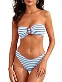 ZAFUL Women's Bandeau Bikini Sets Buckle Strapless Lace Up High Cut 2 Piece Swimsuit Solid Bathing Suit (Blue,M)