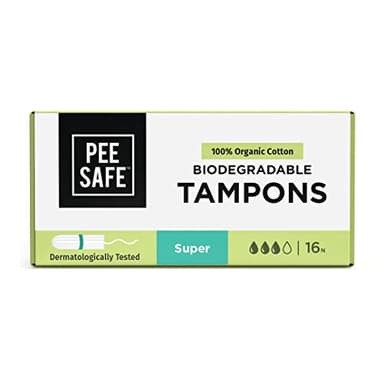 Pee Safe Biodegradable 100% Organic Cotton Tampons Super (Pack of 16) for Light to Medium Flow | Non-Applicator | Free of Chlorine Bleach & Dyes