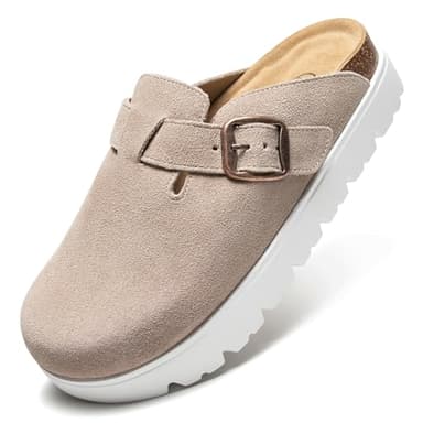Brelzo Calvior Women's Platform Suede Clogs Slip-On Mules Non-Slip Potato Shoes Sandals with Arch Support Adjustable Buckle Tan