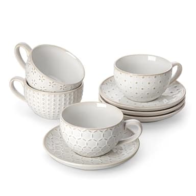 MALACASA 8 OZ Cappuccino Cups with Saucers Set of 4 - Ceramic Stackable Tea Cups and Saucers, Embossment Coffee Mugs for Tea, Latte and Mocha, Dishwasher Safe, Arctic white