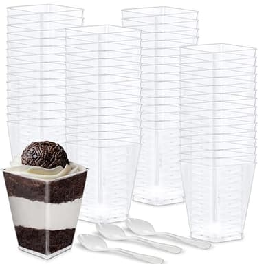 Oasis Creations Square Dessert Cup - 5.5 ounce - 50 Count - Spoons Included - Clear Plastic - Large Appetizer Cup -Tall Dessert Cup-Tasting Cup- Parfait Cup-Disposable or Reusable