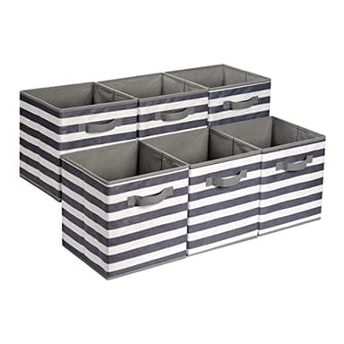 Amazon Basics Cube Organizer Storage Bins Handles, Collapsible Fabric, Pack of 6, 10.5"x10.5"x11", White/ Light Grey Stripe