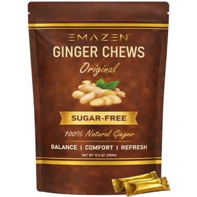 EMAZEN Ginger Chews Sugar Free Ginger Candy for Nausea & Motion Sickness Support Low Calorie, Healthy Snacks Natural Candy 50 Count, 12.3 OZ