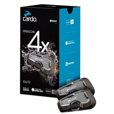 Cardo Systems FREECOM 4X Motorcycle 4-Way Helmet Bluetooth Communication System Headset Intercom, Universal Bluetooth Connectivity, Waterproof, 40mm Speakers - Dual Pack