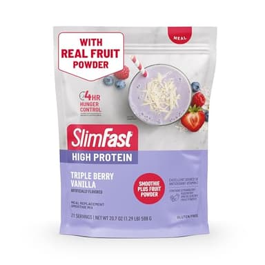 SlimFast High Protein Smoothie Mix Plus Fruit Powder, High Protein Meal Replacement Powder, Fiber, Vitamin C, 21 Servings, 1.29 Pounds, Triple Berry Vanilla (Packaging May Vary)