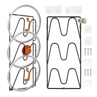 2 Pack Pot Lid Organizer for Cabinet Door Wall, 3-Tier Stainless Steel Wall-mounted Pot Lid Rack Holder inside Cabinet Door, Anti-slip No Drilling Rustproof Pot Lid Organizer for Kitchen Storage-Black
