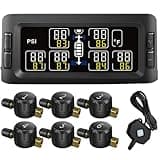 B-Qtech Trailer RV TPMS Solar Tire Pressure Monitoring System with 6 Flow Thru Sensors & Signal Repeater, 7 Alarm Modes Real Time Display Pressure Tempereture for RVs Trailers Bus Motorhome Truck