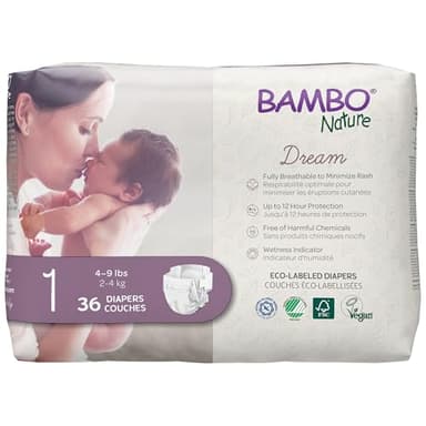 Bambo Nature Hypoallergenic Baby Diapers, Eco-Labelled Sustainable Diapers, Enhanced Leakage Protection, Totally Chlorine-free, Skin Friendly, and Super Absorbent - Size 1 (36 Count)