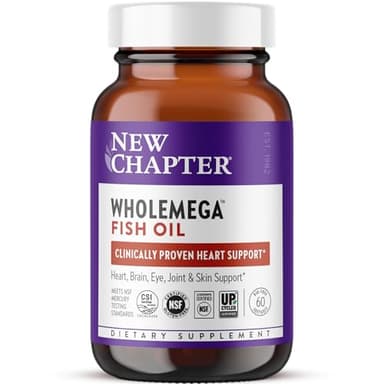 New Chapter Wholemega Fish Oil Supplement - 2000mg per Serving, Clinically Proven Wild Alaskan Salmon Oil with Omega-3 + Vitamin D3 + Astaxanthin, 60 Softgels