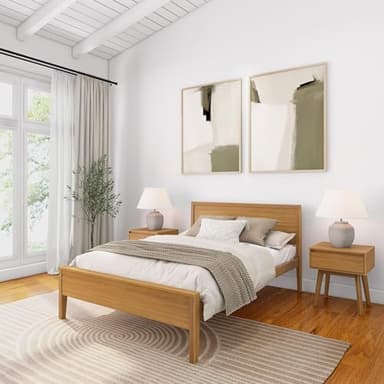 Plank+Beam Solid Wood Full Bed Frame with Panel Headboard, Modern Full Platform Bed with Wood Slat Support, No Box Spring Needed, Pecan