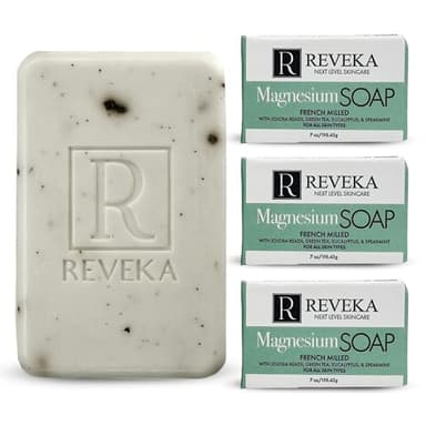 Reveka Skincare Magnesium Soap – 4-in-1 Natural Bar for Face, Body & Hair | Triple-Milled with Green Tea, Spearmint & Eucalyptus | USA-Made | 4 Pack (7 oz Each)