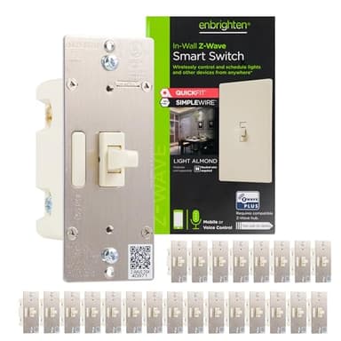 Enbrighten Almond Z-Wave Plus Smart Light Switch with QuickFit and SimpleWire, 3-Way Ready, Compatible with Alexa, Google Assistant, ZWave Hub Required, Repeater/Range Extender, Toggle, 24 Pack, 82686