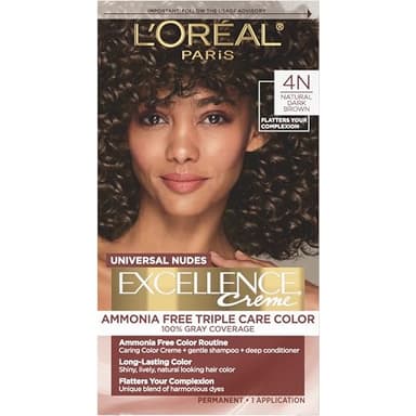 L’Oreal Paris Excellence Universal Nudes Permanent Hair Color, Ammonia Free Hair Dye for Gray Hair Coverage, 4N Natural Dark Brown, 1 Hair Dye Kit
