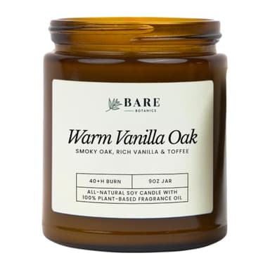 Bare Botanics Warm Vanilla Oak 9oz Soy Candle - 100% Plant-Based Fragrance Oils - Premium, Non-Toxic Candle - Softly Scented Natural Soy Wax - Handpoured in WI - 40 Hrs Long Burning & Ready to Gift